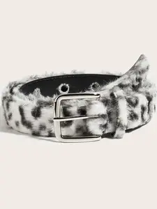 1 Piece Gray Leopard Print Furry Belt, Sweet & Cool Style, For Daily Streetwear & Denim Outfits