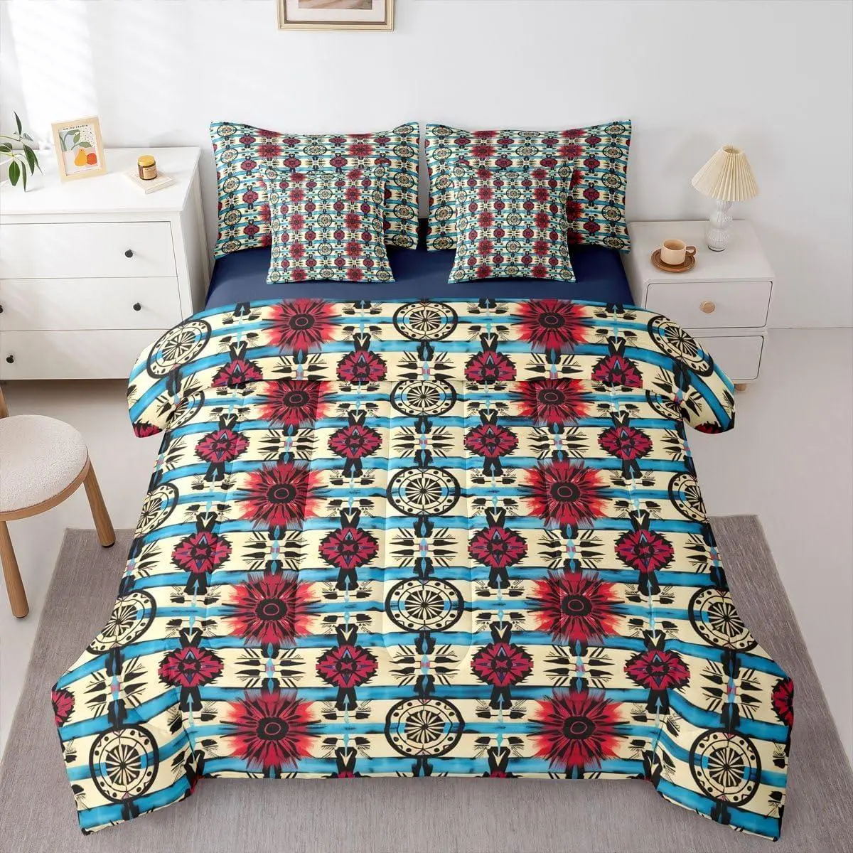 Rustic 7 Piece Bedding Set Aztec Comforter Set with Sheets Dreamcatcher Mysterious Native American Bed in a Bag Rustic Farmhouse Stripe Blue Men Women