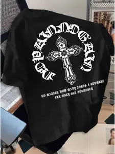 Men's Street Style T-Shirt, English Cross Print, Casual Fitted Long Top, No Zipper, Without Collar, All Seasons
