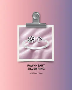 925 Sterling Silver Paw & Heart Ring Size 5 | Pet Lover Fashion Ring
