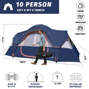 UNP Camping Tent 10-Person-Family Tents, Parties, Music Festival Tent, Big, Easy Up, 5 Large Mesh Windows, Double Layer, 2 Room, Waterproof, Weather Resistant, 18ft x 9ft x78in essentials quick setup