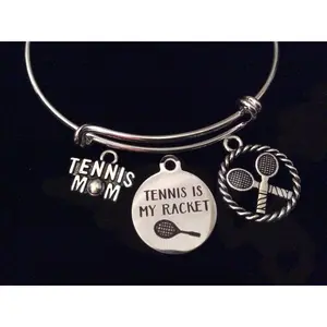 Tennis Mom Tennis is My Racket Silver Expandable Charm Bracelet Adjustable Wire Bangle Bracelet Coach Sports Gift