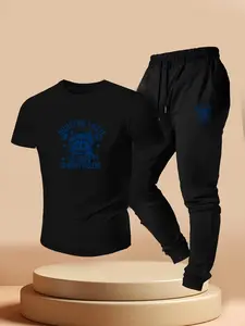 Men's Houston I Have Many Questions Space Bear Print Two-Piece Set, Casual Short Sleeve T-Shirt & Sports Pants, Summer Street Style