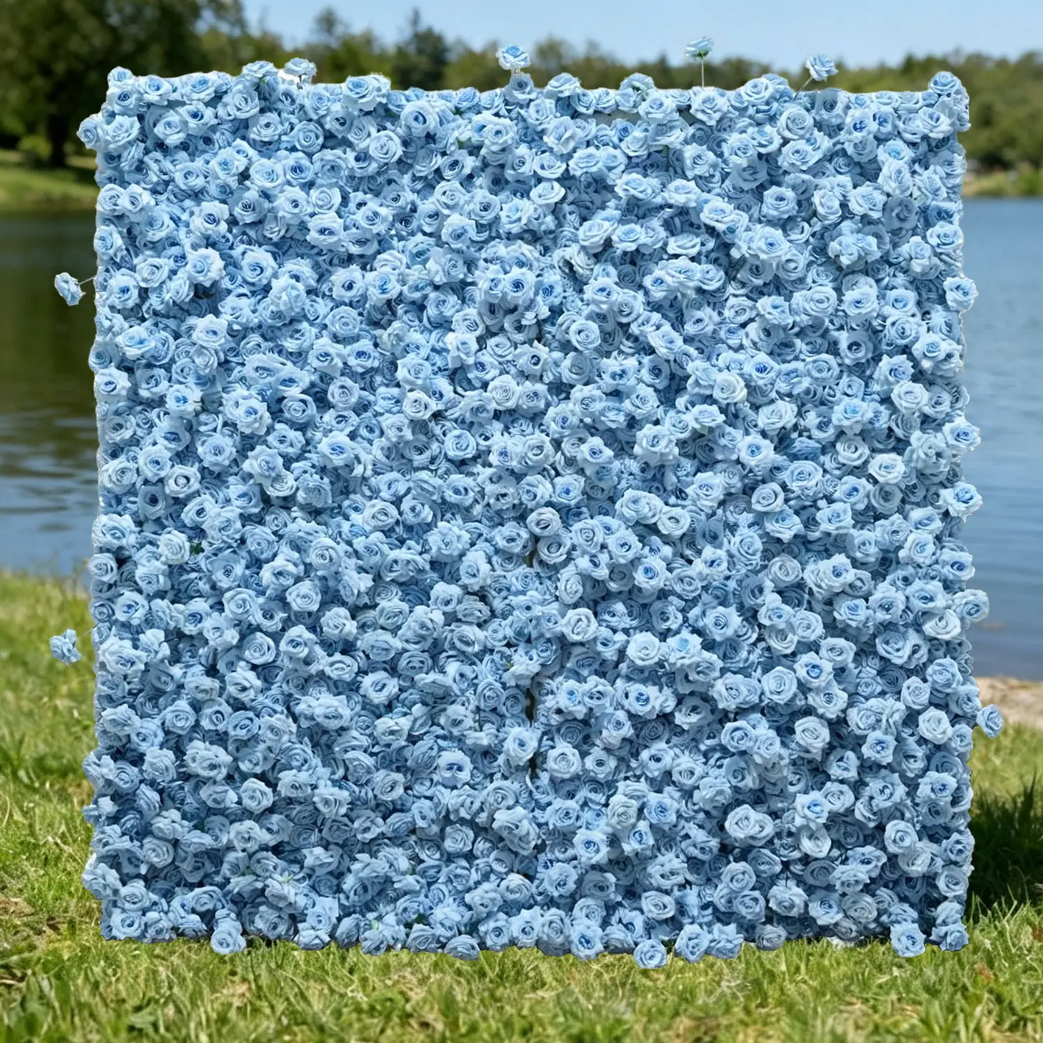 5D Full-Cover Light Blue Polyester Artificial Rose Flower Wall Panel, 4ftx8ft/8ftx8ft Large Faux Floral Backdrop for Wedding Photo Booth, Themed Party Decor