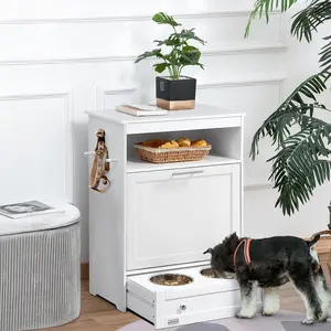 PawHut Pet Feeder Station with Storage, Dog Food Storage Container with 2 Raised Dog Bowls, White