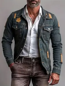 Men’s retro distressed denim jacket with frog buttons and chest pockets, vintage washed blue oversized fit for casual streetwear (contrast stitching and embroidery details)