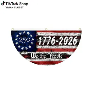 We The People 250 Years USA Polyester Semicircle Fence Banner, 1776–2026 American Patriotic Bunting Flag, Vintage US Flag Half Round Banner, Independence Day Fourth Of July Outdoor Decor, USA 250th Anniversary Porch Fence Banner