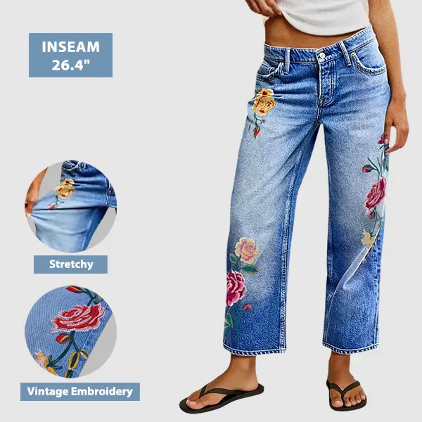 Flamingals Wash Floral Embroidery Mid Rise Straight Leg Jeans Womenswear Stretchy 26.4" Inseam Flamingals Wash Floral Embroidery Mid Rise Straight Leg Jeans Womenswear Stretchy 26.4" Inseam
