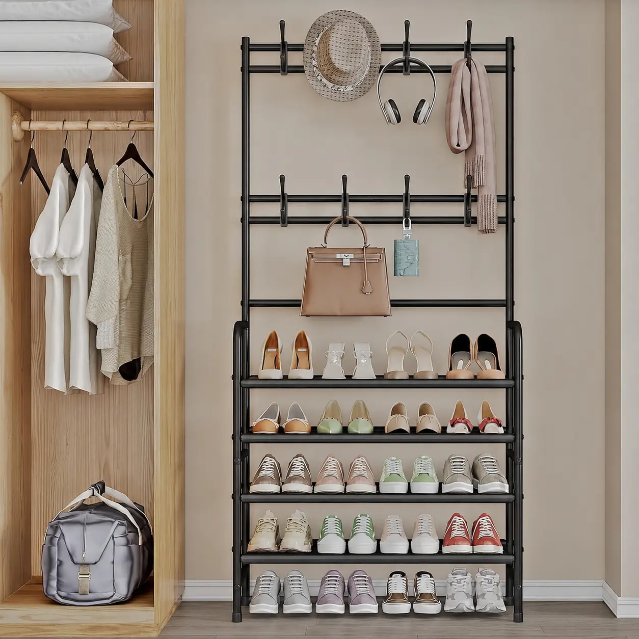 5-Tier Entryway Shoe Rack with Multi Coat Hooks, All-in-One Freestanding Hallway Storage Organizer for Shoes, Bags, Scarves & Garments, Space Saving Multi Layer Shoe Holder for Front Door, Bedroom, Small Apartment & Dorm, Available in Black and White