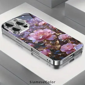 Pink Gold Flower Sea 2D Pattern glass phone case for iPhone Air 17 16 Pro Max 15 14 PLUS 13 12 11 Samsung Galaxy S25 s24 s23 s22 Ultra FE ,Full Body Protections Shockproof Cover Creativity Fashion 11-16 furry luxury design Protective Smartphone 2025