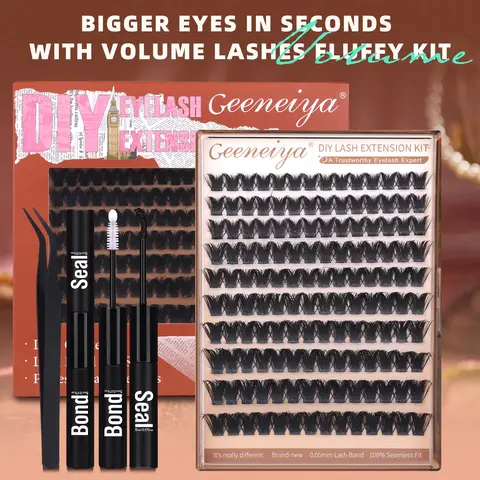 Geeneiya Fish Tail Individual Cluster Lash Set, 10-20MM D Curl Thick Eyelash Extensions, DIY Kit with Lash Bond, Sealant & Tweezer, Eyelash Extension