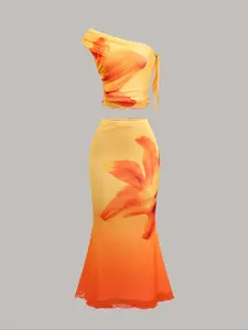 Women's Floral Print Tie Dye Crop Top & Mermaid Skirt Two-Piece Set, Casual Fashion Cozy Two Piece Outfits for Daily Holiday Vacation Wear, Ladies Clothes for Summer