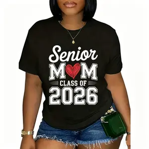 Cotton Senior Mom Class of 2026 Proud Parent Graduation Tee T-Shirt, Short Sleeve Top for All Seasons - Printed Womenswear PLK0083