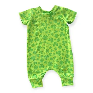 Dudisdesign Green Clover Baby Romper St Patrick’s Day Outfit - Unisex Sizes NB to 4T, Soft Blend Knit Fabric, Trendy Neutral Style, Loose-Fitting Design