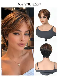 100% Human Hair Short Wig, Deep Root Gradual Honey Gold Highlights, Pre-Planted Natural Hairline, Glue-Free, Breathable, Lightweight, Easy to Wear