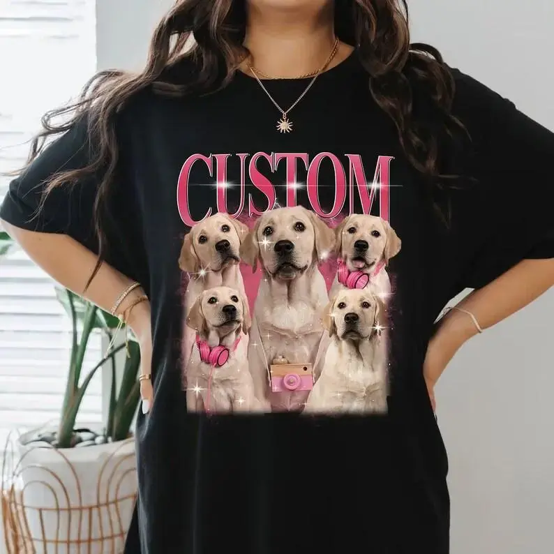 Custom Retro 90s Dog Bootleg T-Shirt, Personalized Pet Photo & Portrait Top, Women Short Sleeve Casual Tee for Outdoor & Daily Wear