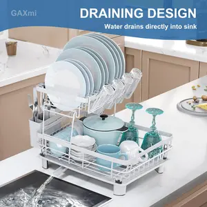2 Tier Dish Drying Rack with Drainboard Iron Dish Drainers for Kitchen Counter Sink with Adjustable Spout cup Utensil Holder Knife Slots sturdy classy durable Easy assembly  perfect size Great value White