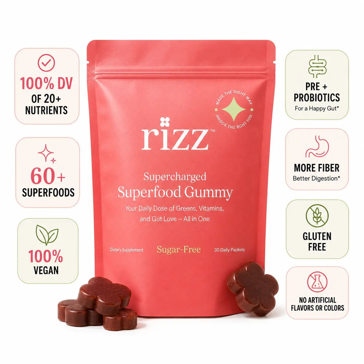 Rizz Vegan Multivitamin Gummies for Women & Men | Daily Vitamins & 60+ Superfoods | 100% Daily Value of 20+ Nutrients | Gut Health, Energy, Focus & Immune Support