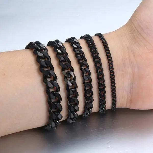 Black Color Stainless Steel Curb Cuban Link Chain Bracelet 3-11mm 7-11 inches for Unisex Women Men Birthday Christmas Gift