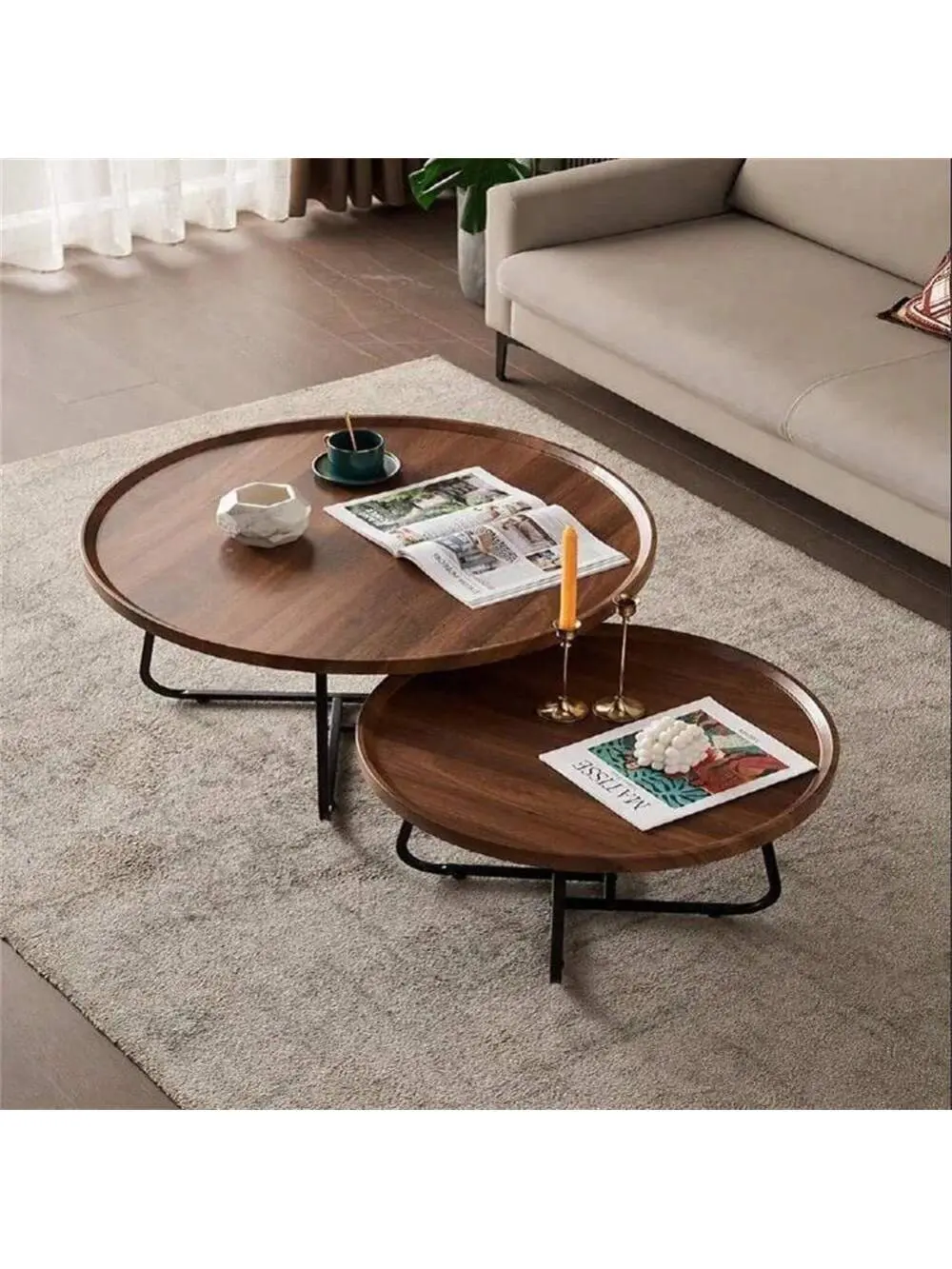 2-Piece Nesting Round Coffee Table Set, Wooden Accent Furniture with Metal Frame, Sturdy Stacking End Tables for Living Room, Easy Assembly, Nesting Coffee Tables