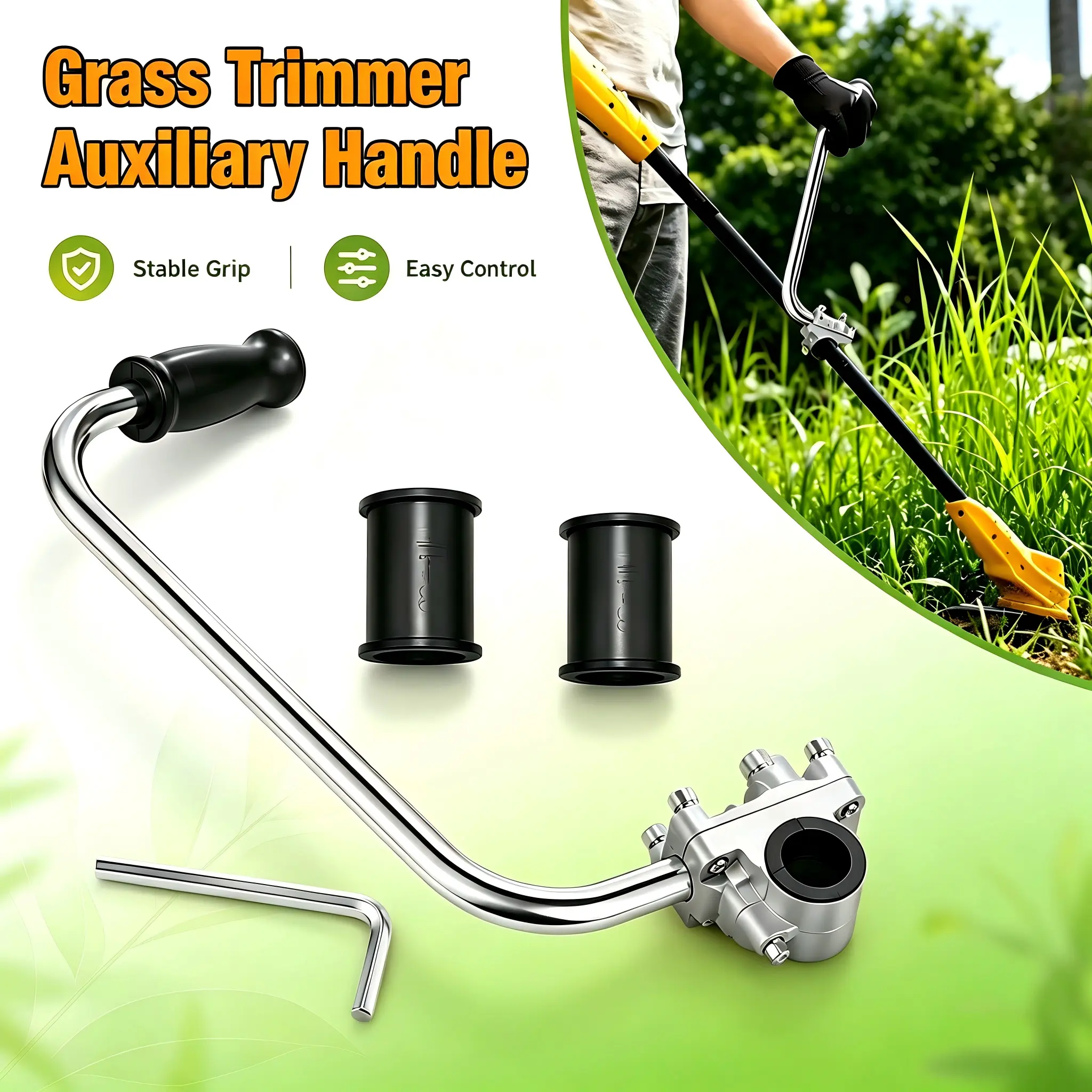 Universal Grass Trimmer Auxiliary Handle Kit for DIY Users - Ergonomic Curved Grip, Secure Clamp, 2-Size Adapter Sleeves, Hex Wrench, Shaft Angle Adjustment, Heavy-Duty Outdoor Home Garden Yard Lawn Edging Accessory