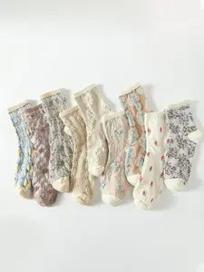 Women's 9 Pairs Ditsy Floral Print Crew Socks with 3d Textured Design, Casual Comfortable Breathable Medium Socks for Daily Wear, Multipack Knit Socks for All Seasons