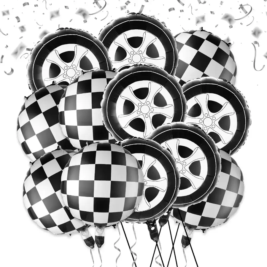12pcs/Set 18in Round Racing Theme Foil Balloons, Black and White Checkered, Happy Birthday Party Supplies for Boys’ Racing Competitions