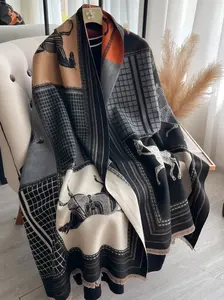 Boho Style Colorful Horse & Plaid Pattern Shawl, Casual Soft Warm Long Scarf, Textured Blanket Scarf for Fall & Winter, Fashion Accessories for Women & Men