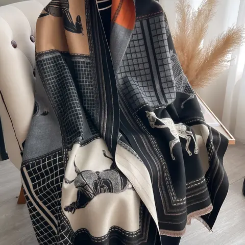 Boho Style Colorful Horse & Plaid Pattern Shawl, Casual Soft Warm Long Scarf for Fall & Winter, Fashion Accessories for Women & Men