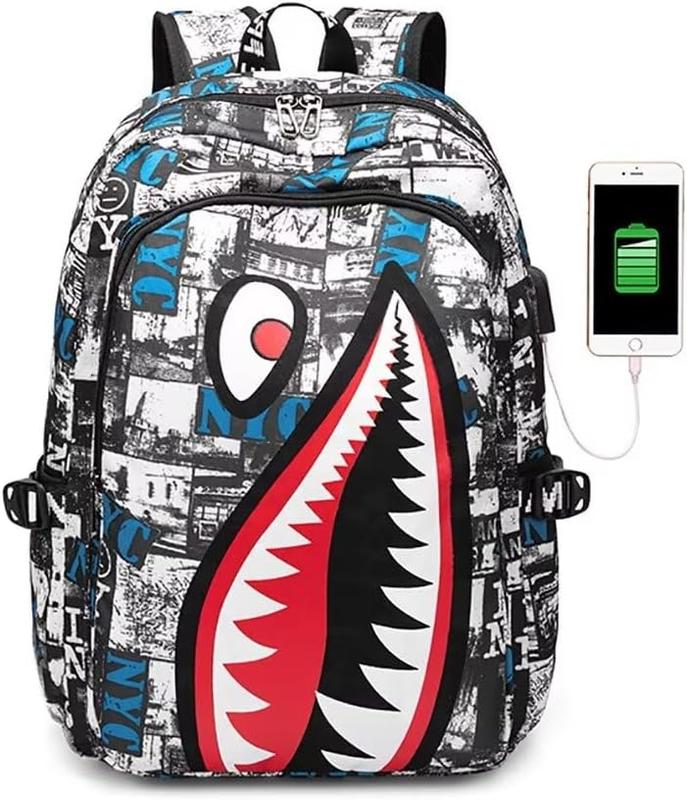 Shark Teens Backpacks Fashion Schoolbag Casual Waterproof Travel USB Laptop Backpack 17inch
