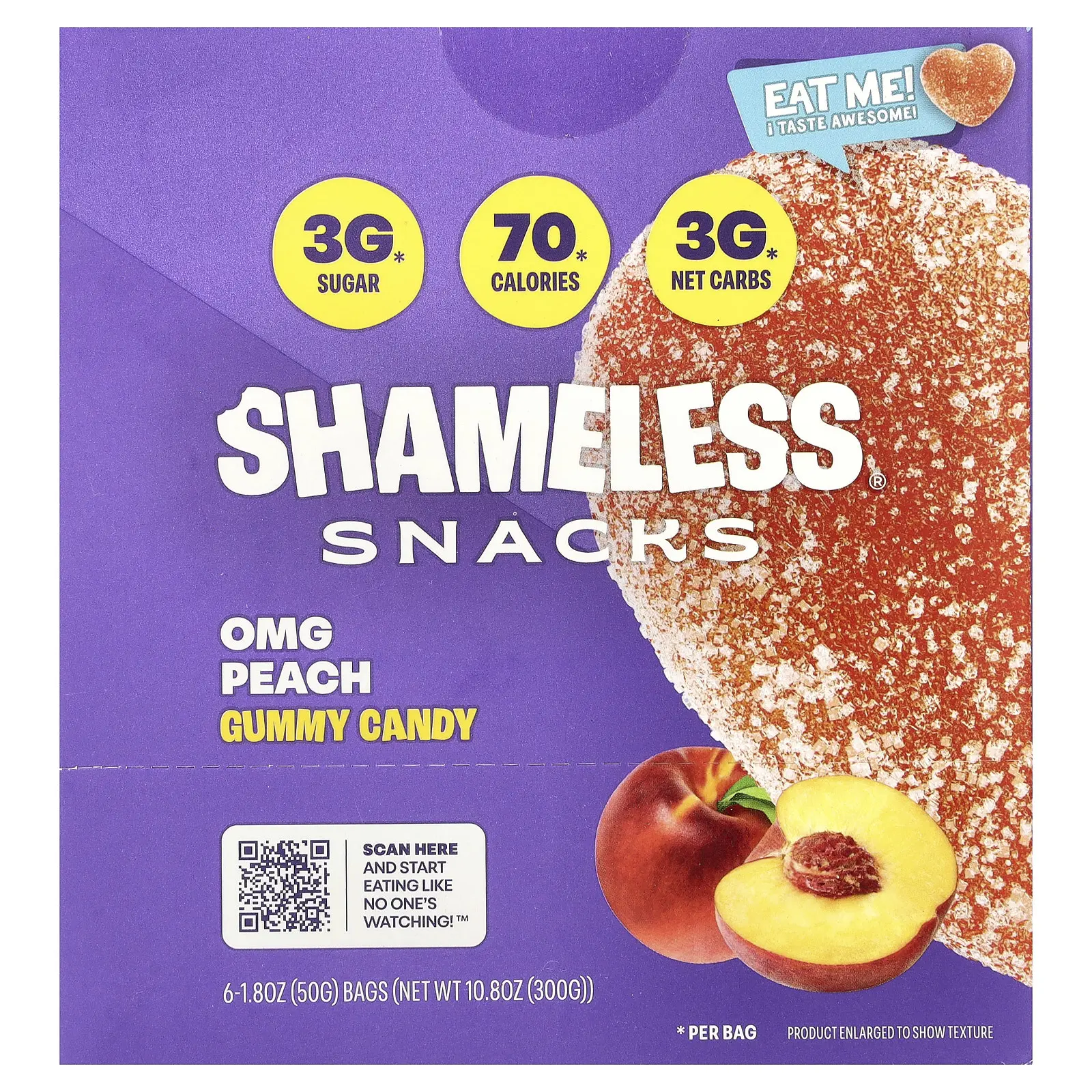 Shameless Snacks Gummy Candy, OMG Peach, 6 Bags, 1.8 oz (50 g) Each Shameless Snacks Gummy Candy, OMG Peach, 6 Bags, 1.8 oz (50 g) Each