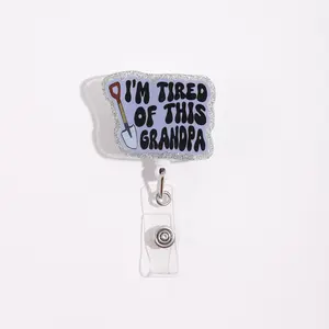 Fun Style Retractable Badge Reel, Silver Color Glitter Edge, I'm Tired of This Grandpa Print, Hanging Work Card Holder, Quirky Design