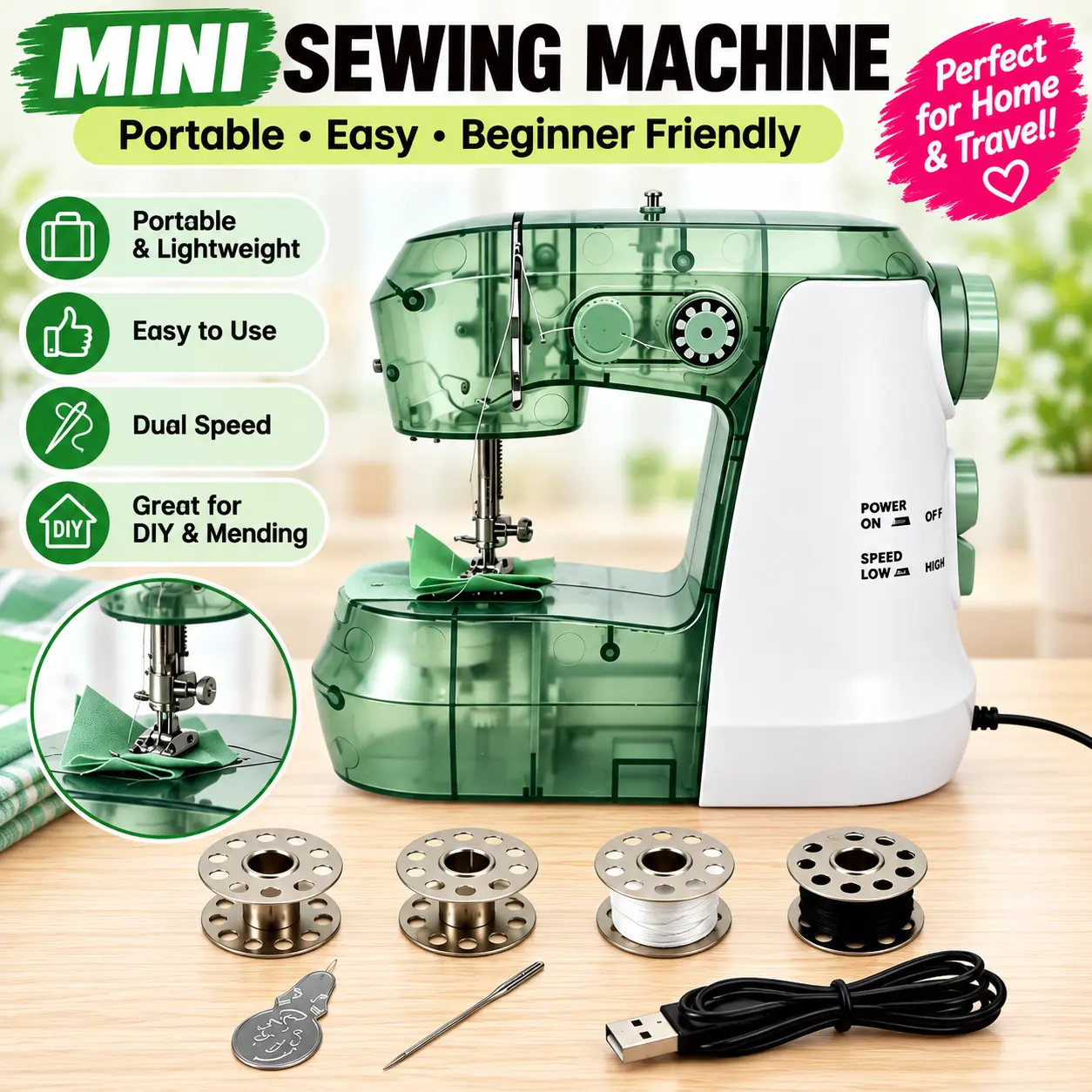 Mini Electric Sewing Machine, USB Powered Portable Sewing Machine for Beginners, Easy DIY Craft & Clothing Repair, Doll Clothes, Pet Clothes, Home Sewing Machine, No Battery Included(grenn)