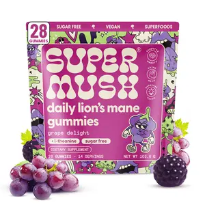 SUPERMUSH Lion’s Mane Gummies - Certified Natural Organic Supplement with Lion's Mane + L-Theanine for Calm Energy & Sharp Focus, Sugar-Free - Daily Brain Support, Chewable, Brain Health