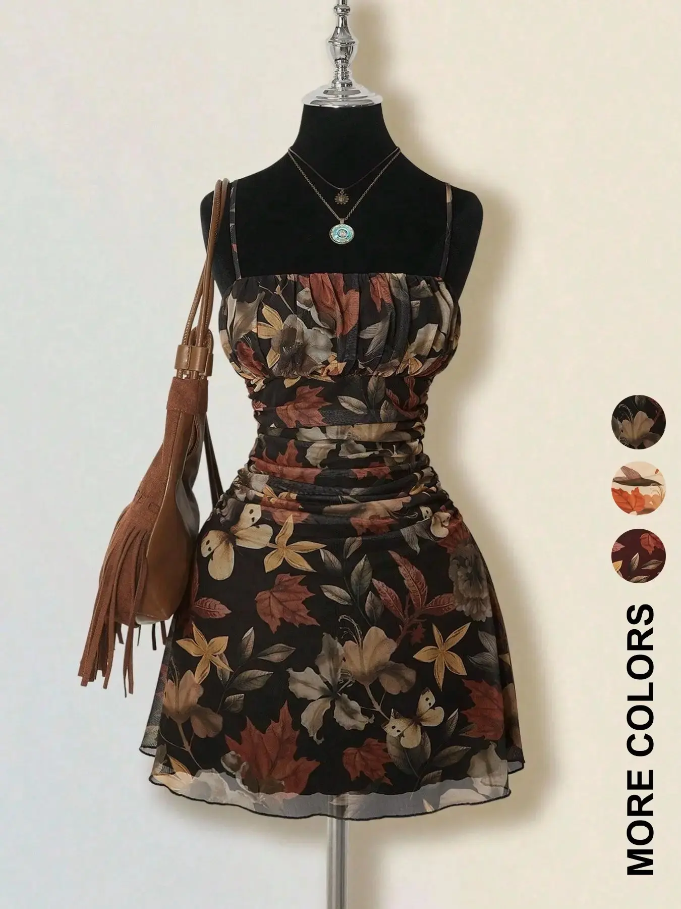 1 Piece Leaf Print Mesh Casual Spaghetti Strap Slim Fit Design + Lightweight Breathable Fabric Comfortable Pick for Autumn Day Trips / Casual Social Party Dress