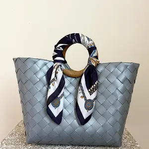 Handmade woven plastic tote bag including silk scarf, beach, pool, summer, fall, spring, tote bag