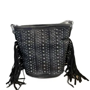 Montana West Fringe Collection Mini Hobo - Black with Stud Detail & Fringe Accents Fashion Bag