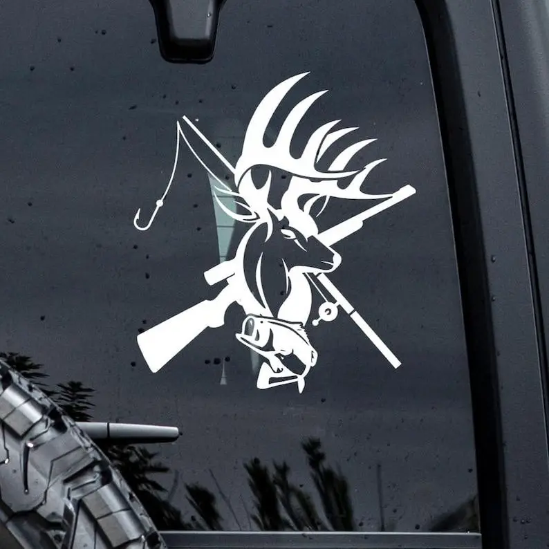 Buck Deer Rifle & Fishing Car Decal: Hunting Truck Sticker