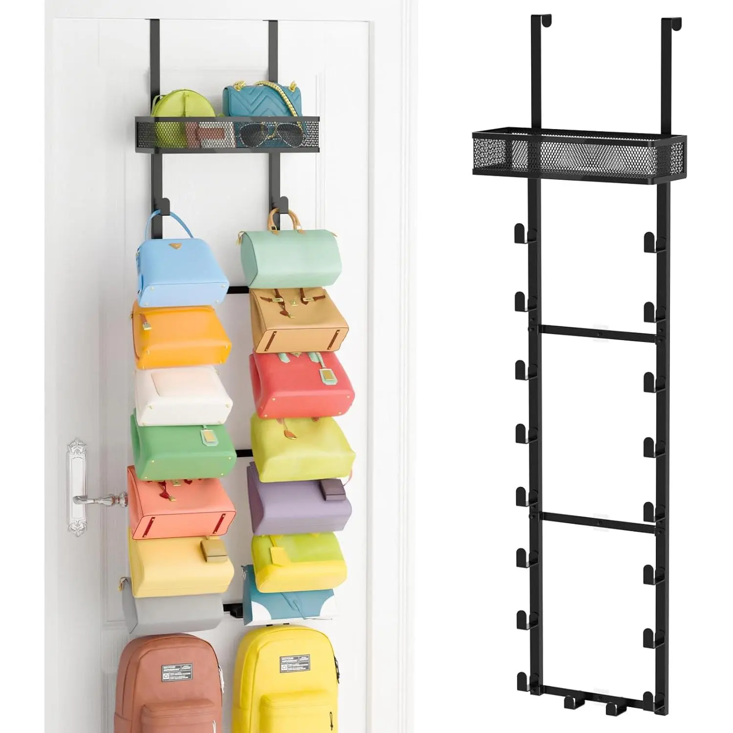 Over the Door Purse Organizer for Closet, Over the Door Hooks Wall Mounted Handbag Rack with 18 Hooks & Metal Basket, Holds up to 18 Bags, Use as 1 or 2 count, for Door, Closet Black