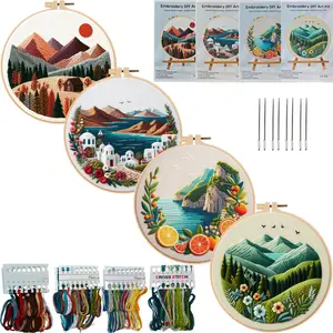 European Style Embroidery DIY Kit Spring Summer Mountain Coast Series Embroidery Set, Adult Children DIY Handmade Craft, Hand Embroidery Beginner Kit with Printed Embroidery Patterns, Suitable for Adult Beginners Christmas Embroidery Kit