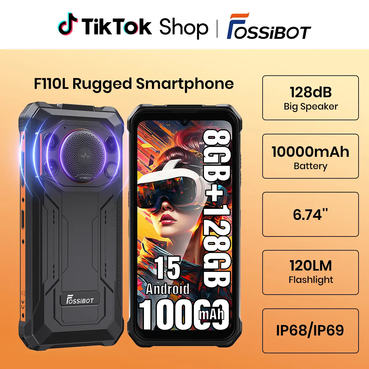 FOSSIBOT F110L Rugged Cellphone - Android 15, 12GB+128GB/2TB Unlocked Mobile Phone, 10000mAh Battery, 128dB Loud Volume, 6.745" Display, 50MP Sensor, 20W Charge, 4G Dual SIM, Waterproof, Camping Light