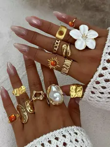Elegant Floral Imitation Pearl Stacking Ring Set, Zinc Alloy Wide Band Women's Rings, All-Season Jewelry Gift for Parties & Birthdays, Stackable Rings