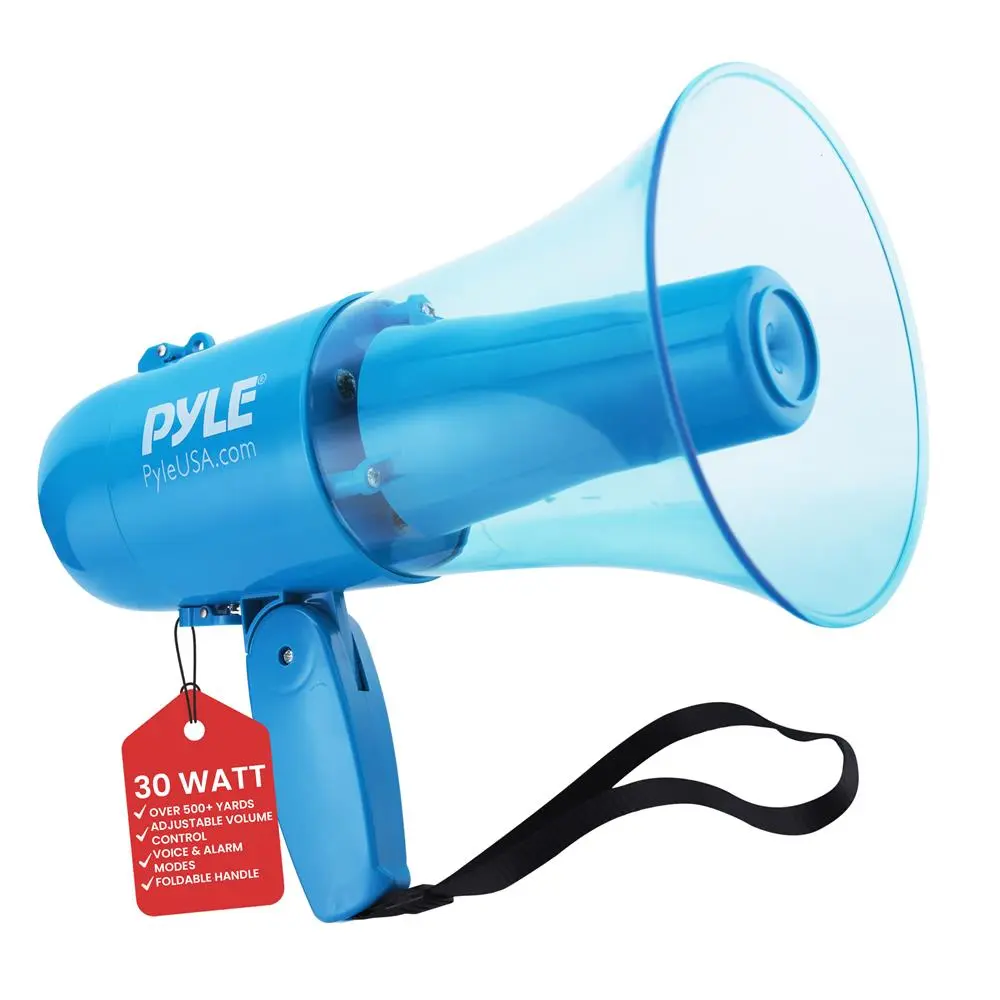 30W Waterproof Megaphone with Siren - Transparent Blue | 500 Yards Range Handheld PA Speaker with Adjustable Volume & Tone Control, Record 240s & Music Modes - Portable Battery Operated Bullhorn for Sports, Events & Outdoor Use