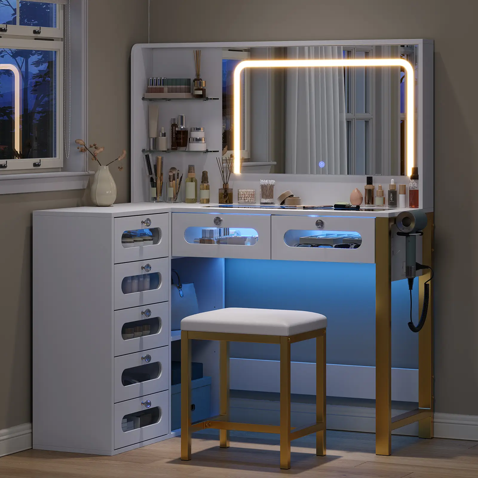 CollaredEagle Vanity Desk with Mirror and Lights,43" Big Modern Vanity Desk, Transparent Top Vanity with 2 RGB Drawers, with Power Outlet & Stool, Mod