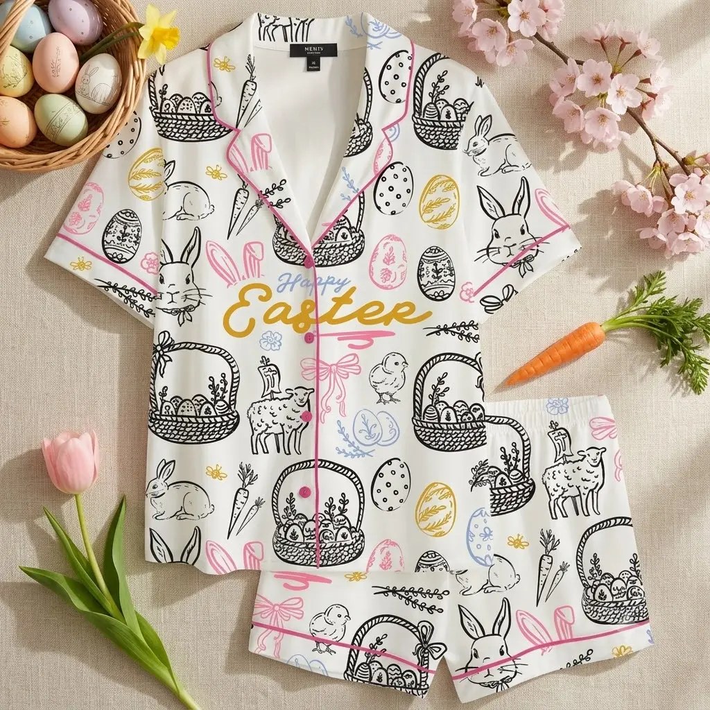 Women's Happy Easter Pajama Set - Soft 2-Piece Short Sleeve Button Down Sleepwear & Shorts. Cute Spring Bunny Egg Print Loungewear PJs. Festive Holiday Nightwear for Ladies & Teens. Comfy Pink Piping Home Wear, Perfect Easter Basket Stuffer Gift