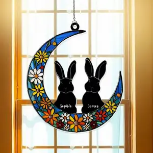Custom Light-Up Colorful Glass Easter Moon & Bunnies Glossy Acrylic Suncatcher - Hangable Door, Wall, Tree Decor, Metal-Accented Home Garden Ornament Gift, Custom-Shape Decoration