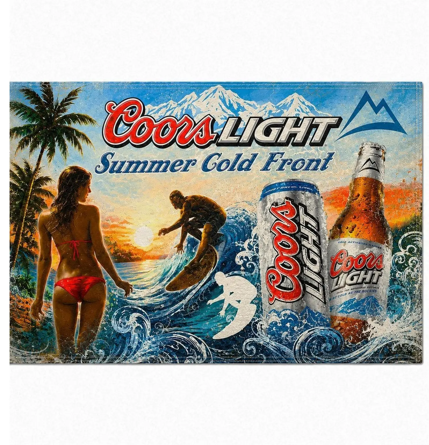 Coors Light Summer Cold Front Surfing Flag, Vintage Beach Beer Banner with Bikini Girl, Ocean Waves and Surfer, Coastal Bar Garage Man Cave Decor, Pool Party Backdrop, Retro Summer Gift for Beer Lovers, Surfers, Men and Women