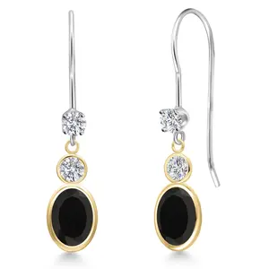 14K Two Tone Gold Black Onyx and Lab Grown Diamond Dangle Earrings for Women | 1.76 Cttw | Gemstone December Birthstone | Oval 7X5MM