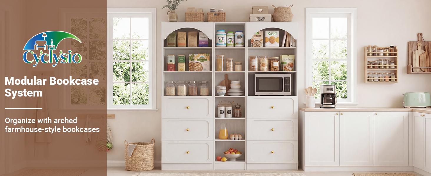 Cyclysio 80" Tall Arched Bookcase with 6 Wooden Drawers ＆ 12-Tier Open Shelves, Modern Set of 3 Freestanding Bookshelf Kitchen Pantry Storage Cabinet