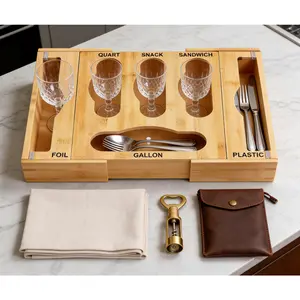 SURUI Bamboo Wall-Mountable Drawer Organizer Set - Smooth Bamboo Finish, 4 Zipper Bag Containers, 2 Expandable Wrap Dispensers, Easy Installation, Traditional Baking & Gift Storage Boxes Solution for Kitchen Plastic Bags & Wraps